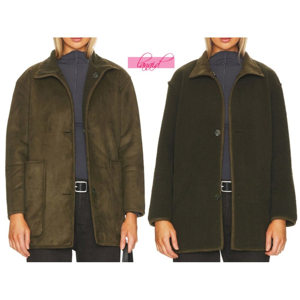 Spanx Reversible Suede Sherpa Jacket Utility Green Olive Teddy Fuzzy Shearling S